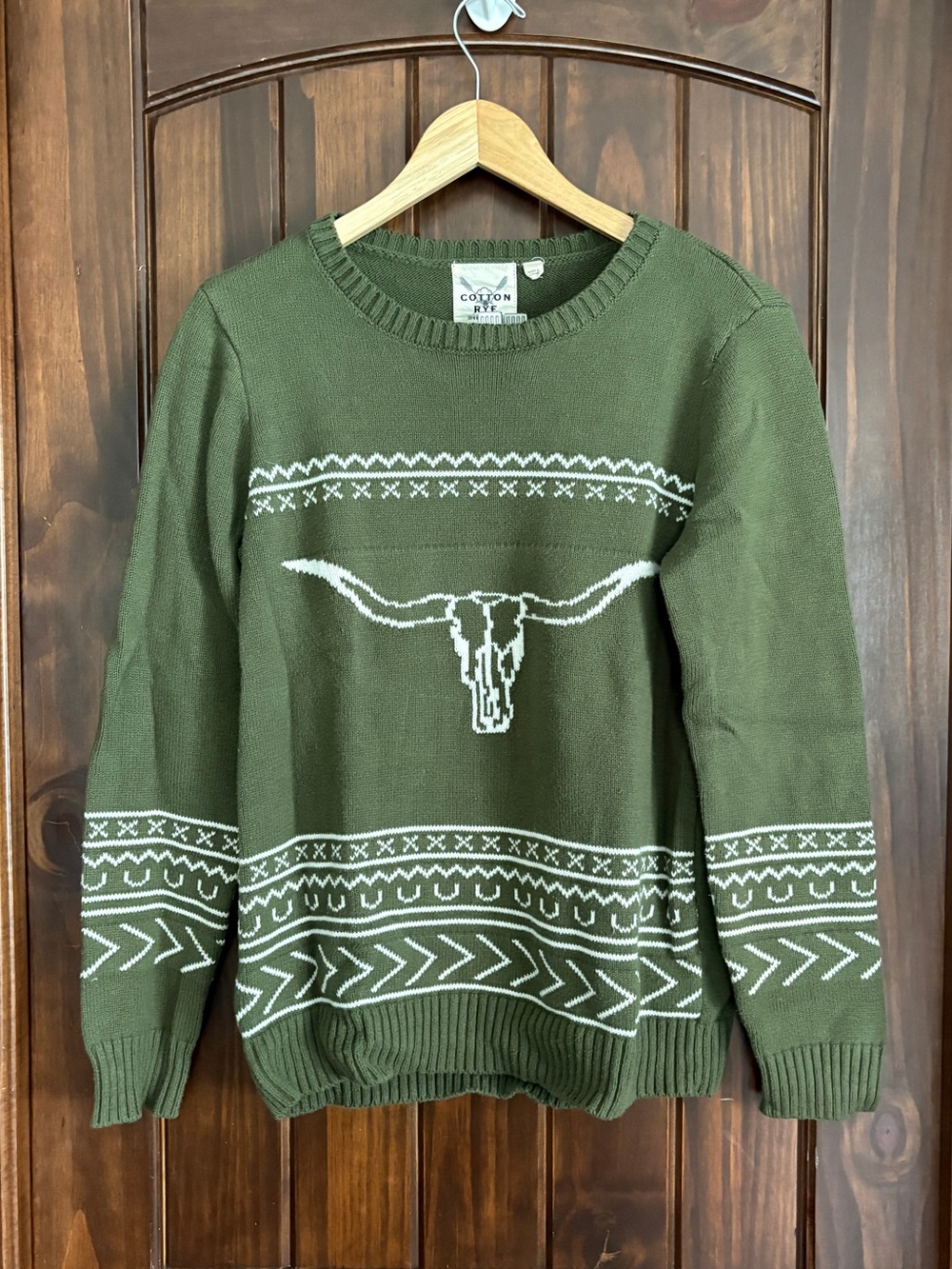 Olive Green Longhorn Cotton Pullover Sweater Women’s Size Medium - Like New